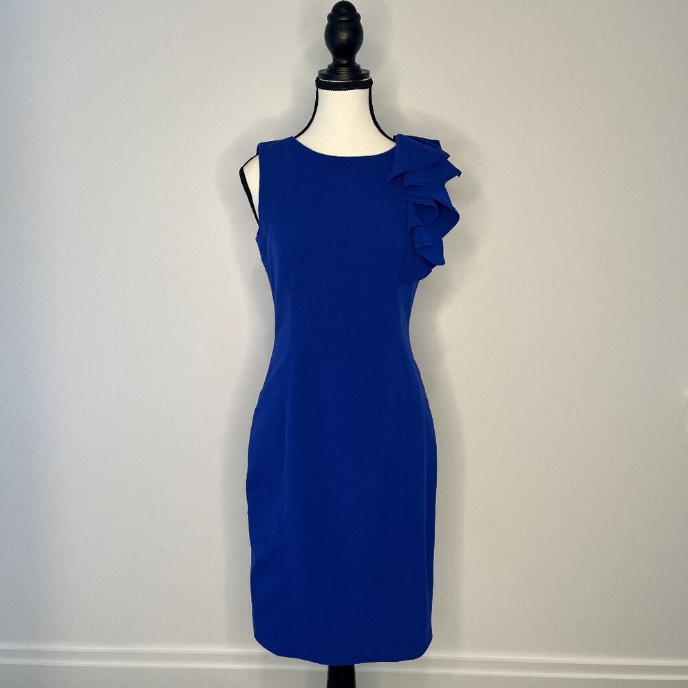 Calvin Klein - Women's Blue Sleeveless Ruffle Shoulder Dress, Size 2